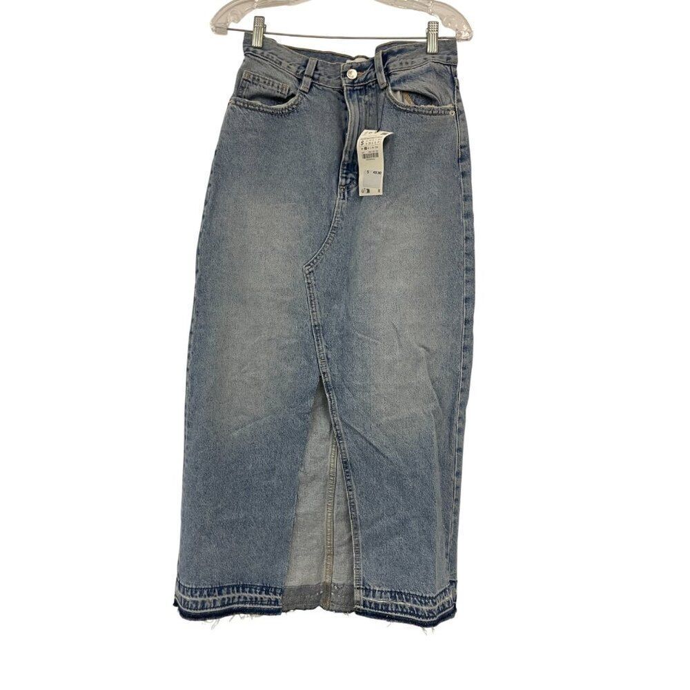 Zara Womens Long Denim Maxi Skirt Small Midi Waist Blue Front Slit 3660/090 NWT